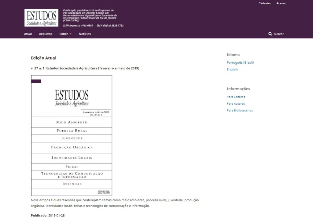A revista Estudos Sociedade e Agricultura tem como missão divulgar no meio científico e acadêmico brasileiro e internacional resultados de pesquisa e reflexão sobre o mundo rural e suas transformações sob a ótica das ciências sociais e da interdisciplinaridade.